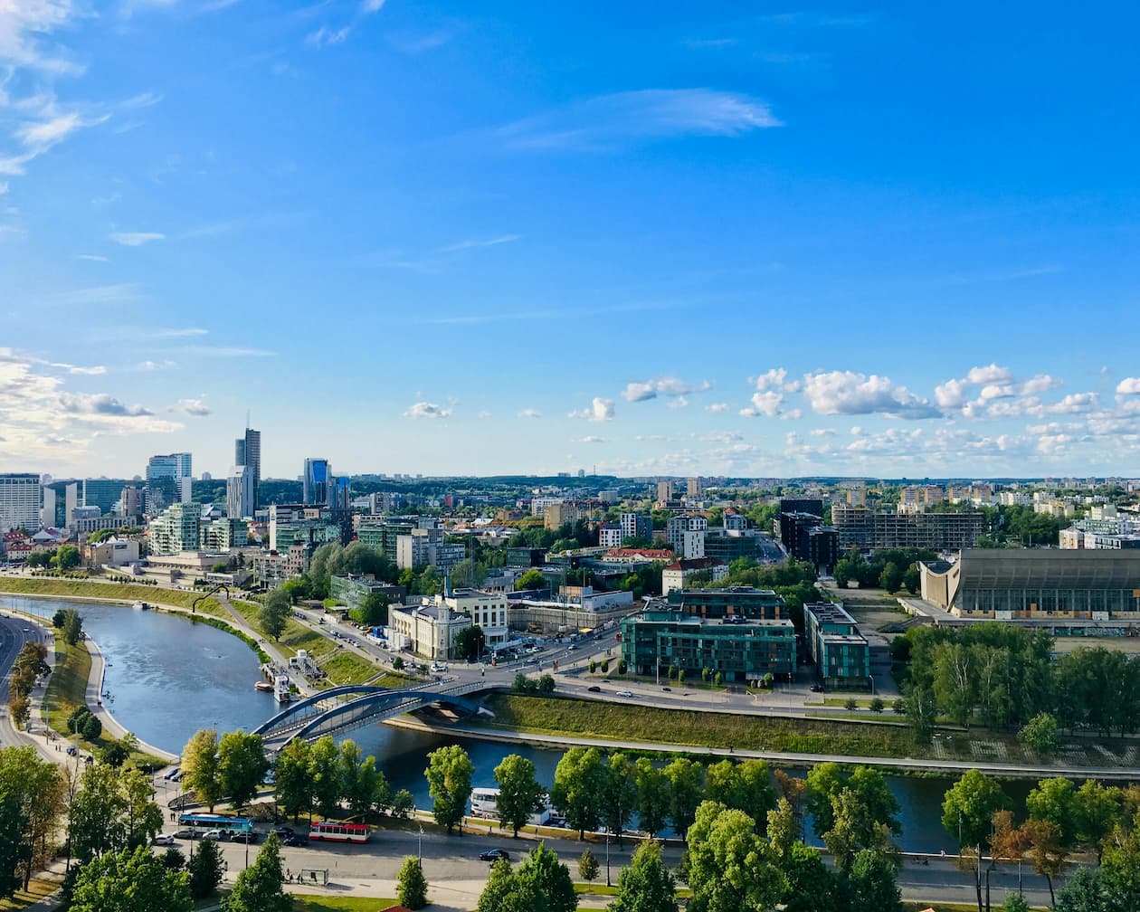 Panoramic view of Vilnius modern business district and Neris river.